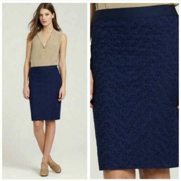 J. Crew Navy Cotton Eyelet Lace Pencil Skirt - Picture 1 of 6